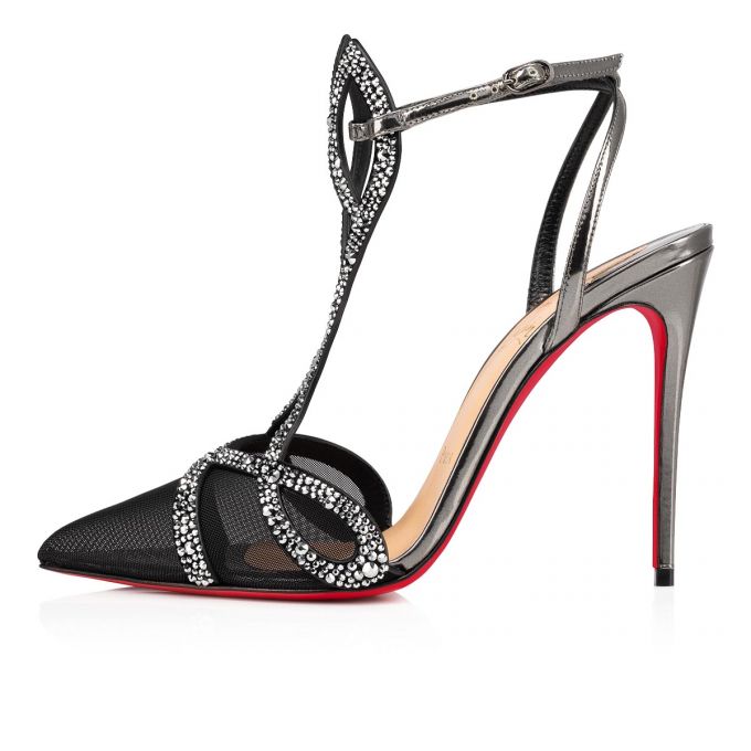 T Strap Christian Louboutin Double L Pump Strass 100 Fishnet T Correa Mujer Plateados | MX-28168