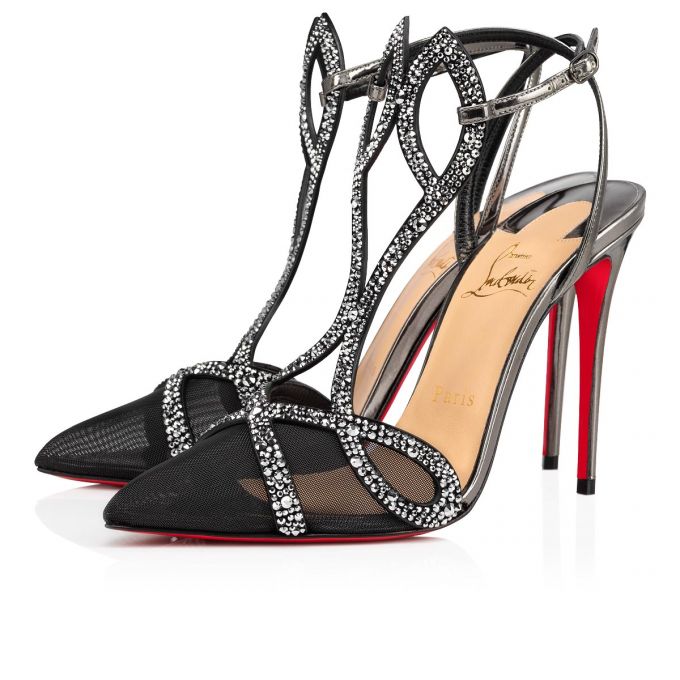 T Strap Christian Louboutin Double L Pump Strass 100 Fishnet T Correa Mujer Plateados | MX-28168